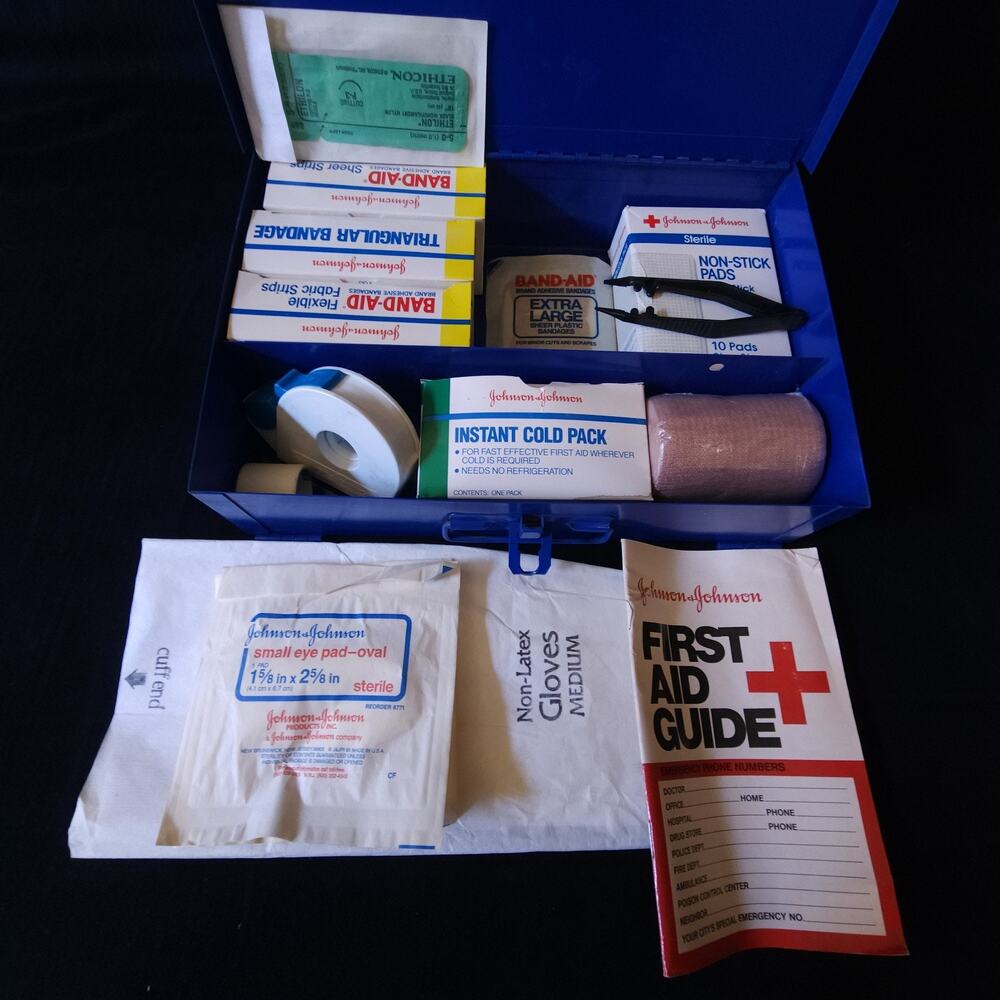 Vintage Johnson & Johnson 8161 First Aid Emergency Kit Metal Box w/ Supplies